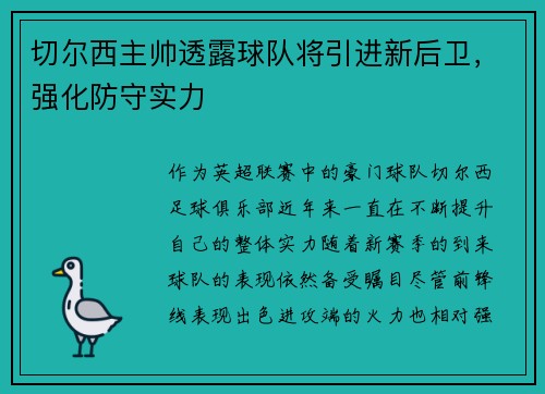 切尔西主帅透露球队将引进新后卫，强化防守实力