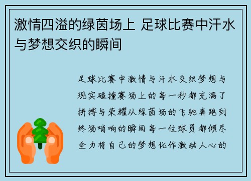 激情四溢的绿茵场上 足球比赛中汗水与梦想交织的瞬间