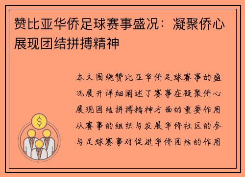 赞比亚华侨足球赛事盛况：凝聚侨心展现团结拼搏精神